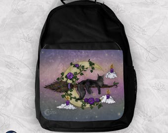 Dream Magick Backpack, Spiritual Art, Witchy Black Cat Fantasy Bag, Nature Witch Moon Magic, Sturdy Backpack, Big Backpack, Dreamy Art