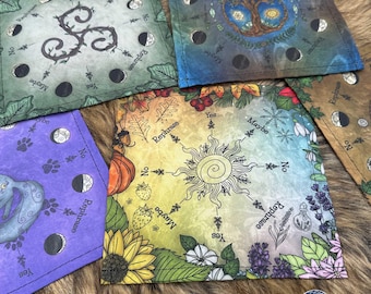 Set of 5 Hand-Drawn Pendulum Cloths – Small Cotton Dowsing Mats | Original Illustrations for Divination, Energy Work, Witchcraft & Altar Use