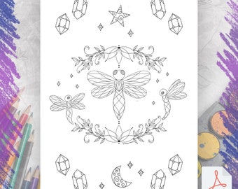 Dragonfly Spirit Animal Coloring Page, Printable Coloring Page Book of Shadows, Art Witch Journal, Digital Download, Home Decoration