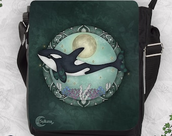 Orca Whale Art Crossbody Bag - Celestial Moon & Ocean Design Shoulder Bag
