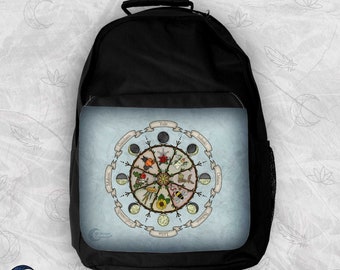 Wheel of the Year Blue Backpack, Witchy Vibes, Firm Black Backpack, Pagan Sabbats, Nature Witch Magic, Pagan Gift, Strong Bag for Hiking