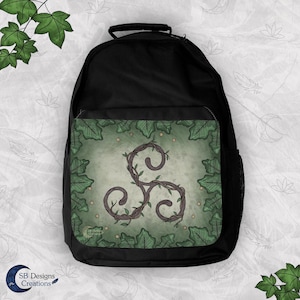 May include: Black backpack with a green and brown leafy design featuring a triquetra symbol. The triquetra is made of vines and has a rustic, vintage look.