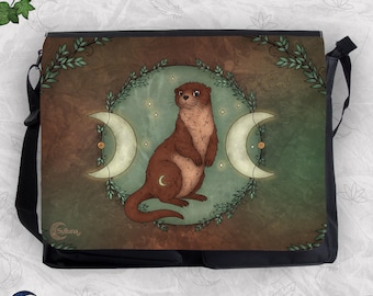 May include: A black messenger bag featuring a central illustration of a brown otter surrounded by a green circular wreath, two crescent moons, and small stars. The background transitions from brown to green, and the text Sylluna is visible.