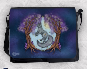 Cat Shoulder Bag, Large Messenger Bag, Animal Spirit School Bag, Cat Illustration, Cat lover Gift, Hand drawn art bag, Blue-Purple Bag