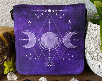 Purple triple moon shoulder bag | Witch shoulder bag | Gothic bag | Witchy purse | Geometric Triple Moon | Fantasy Art illustrated bag