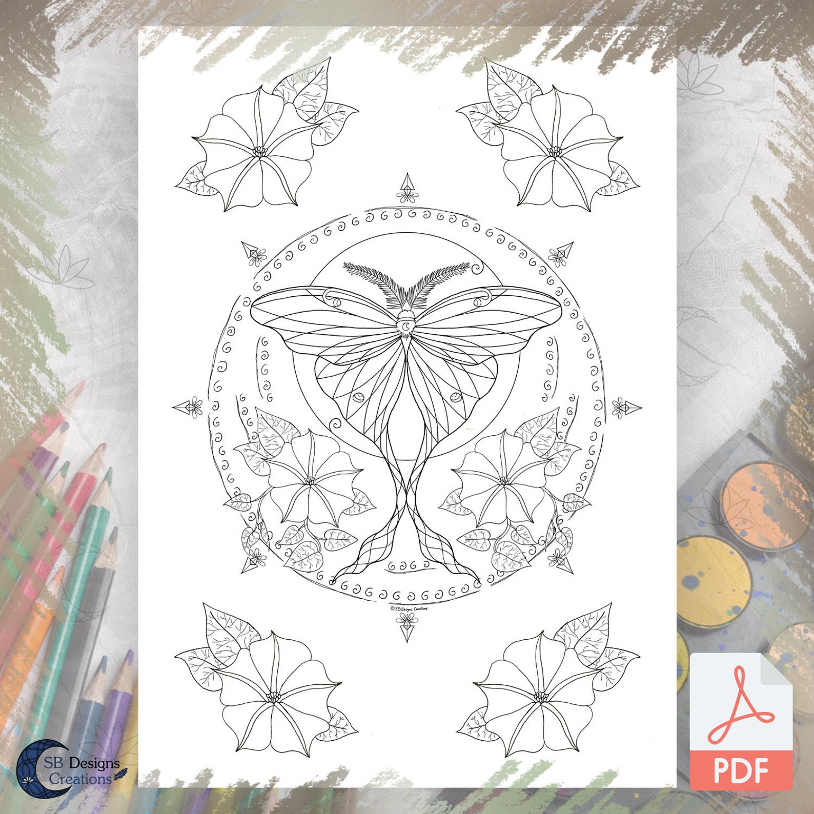 Luna Moth Coloring Page Spirit Animal Spiritual DIY Printable