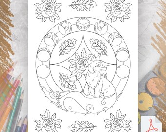 Fox Spirit Animal Coloring Page | Printable Coloring Page Book of Shadows | Art Witch Journal | Digital Download, Home decoration, Fox Art