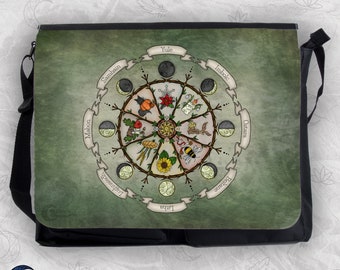 Wheel of the Year Shoulder Bag, Fantasy Illustration, Green Seasons Messenger bag, Shoulder Bag Pagan, Rectangular Bag Nature Bag Adjustable