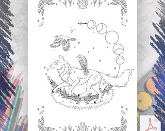 Wolf and Raven Coloring Page | Spirit Animal Spiritual DIY | Printable Coloring Page | Book of Shadows | Art Witch Journal | Digital Page