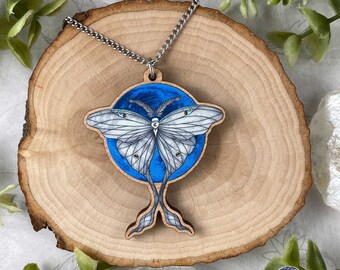 Luna Moth Necklace | Spirit Animal Wooden Jewelry | Blue Full Moon Necklace | Moonchild Jewelry | Wood Animal Jewelry | Nature Jewelry Gift