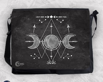 Witchy Moon Bag, Triple Moon Shoulder Bag, Big Messenger Bag, Pagan Moon Witch Bag, Black laptop bag, Geometric Moon Design, Art Bag Witch