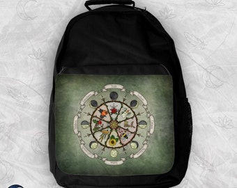 Wheel of the Year Green Backpack, Witchy Vibes, Firm Black Backpack, Pagan Sabbats, Nature Witch Magic, Pagan Gift, Strong Bag for Hiking