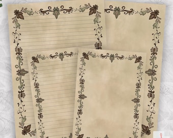 Printable Writing Paper Set, Vintage Floral Stationery, A4 A5 Lined and Blank, Hand Drawn Journal Paper, Digital Download PDF, Writing Witch