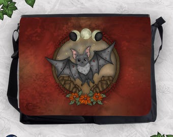 Bat Shoulder Bag, Large Messenger Bag, Animal Spirit School Bag, Bat Illustration, Batlover Gift, Hand drawn art bag, Red Bag