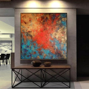FORMATO Tamanho XXL, 110x 110 cm, Pintura Abstrata Grande, Dourado, Vermelho, Amarelo, Preto, Turquesa, Colorido, Tela, Estrutura, Original