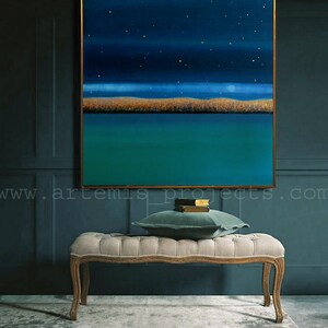XL Landschaftsbild, Sternenhimmel, Goldweizen, Seascape Landscape, Blattgold, Türkis, Blau, ORIGINAL!