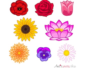 Clip art di fiori, clipart di fiori, fiori colorati, capolini, papavero, rosa, tulipano, girasole, loto, crisantemo, viola, margherita