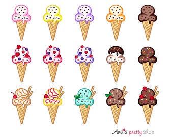 Clipart gelato, cono gelato, gelato al cioccolato, mirtillo, fragola, lampone, caramello, menta, noci, illustrazione vettoriale gelato