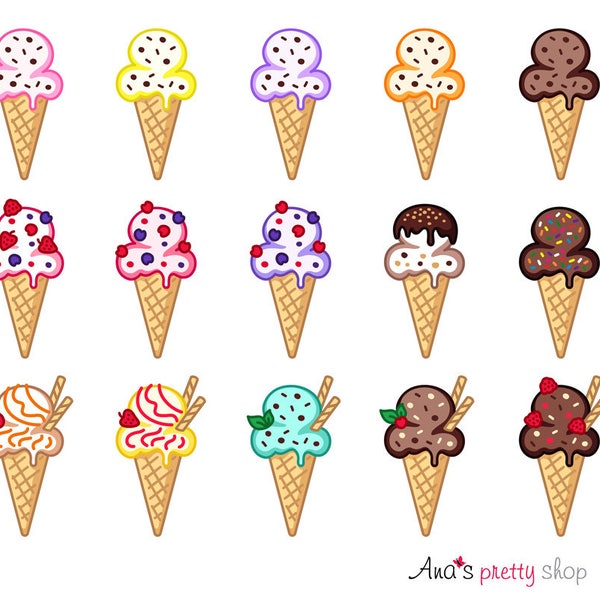 Ice cream clipart, ice cream cone, chocolate ice cream, blueberry, strawberry, raspberry, caramel, mint, nuts, ice cream vector illustration