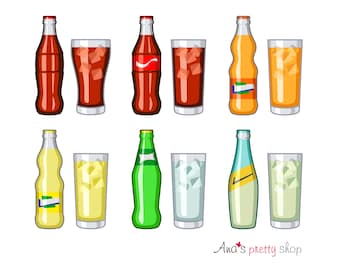 Clipart di bevande analcoliche, clipart di bottiglie, clipart di bicchieri, grafica vettoriale, cola, clipart di bevande gassate, set di bottiglie e bicchieri, fresco