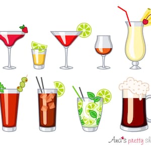 Alcohol glasses clipart, drinks, daiquiri, tequila, cosmopolitan cocktail, rum, pina colada, bloody mary, cuba libre, mojito, dark beer