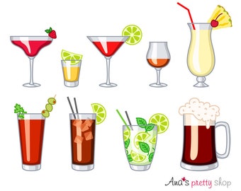 Clipart di bicchieri da alcol, bevande, daiquiri, tequila, cocktail cosmopolitan, rum, piña colada, bloody mary, cuba libre, mojito, birra scura
