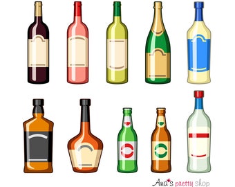 Clipart di bottiglie di alcolici, bevande, bottiglia di vino, champagne, martini, bottiglia di whisky, cognac, bottiglia di birra, piña colada, illustrazioni vettoriali