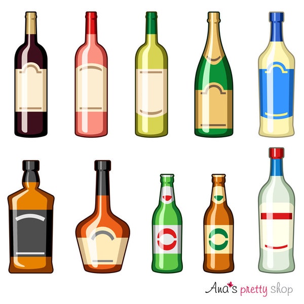 Clipart de bouteilles d'alcool, boissons, bouteille de vin, champagne, martini, bouteille de whisky, cognac, bouteille de bière, pina colada, illustrations vectorielles