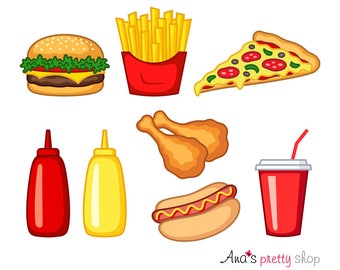Imágenes prediseñadas de comida rápida, imágenes prediseñadas de hamburguesas, papas fritas, pizza, hot dog, pollo frito, ketchup, mostaza, cola, ilustración vectorial de comida rápida