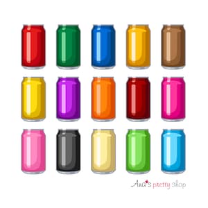 Può includere: Una collezione di quindici lattine di bevande in alluminio colorate, in vari colori, tra cui rosso, verde, blu, giallo, marrone, viola, arancione e rosa. Le lattine sono disposte in tre file da cinque, su sfondo bianco.