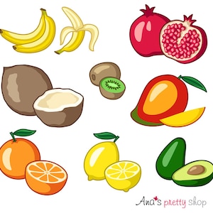 May include: A collection of colorful, cartoon-style illustrations of various fruits. The image includes bananas, pomegranates, coconuts, kiwis, mangoes, oranges, lemons, and avocados, some whole and some cut open.