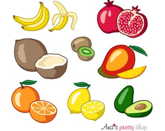 Clipart di frutti tropicali, banana, cocco, kiwi, clipart di arancia, limone, avocado, mango, melograno, illustrazione vettoriale di frutti esotici