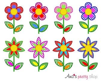 Clipart di fiori digitali, set di fiori colorati, clipart di fiori patchwork, illustrazione vettoriale