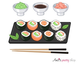 Clipart di sushi, sushi tradizionale giapponese, sushi maki, uramaki, sushi al salmone, sushi al caviale, salsa di soia, wasabi, zenzero sottaceto, bastoncini di sushi