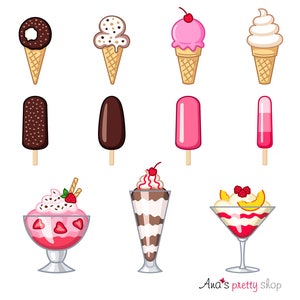 May include: A collection of illustrated ice cream treats, including cones, popsicles, and sundaes. The cones feature chocolate and vanilla ice cream with various toppings. Popsicles are pink and red. Sundaes are in glass dishes with whipped cream and fruit.