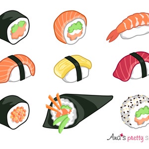 Sushi clipart, traditional sushi, sushi maki, uramaki, temaki, nigiri, tamago, salmon sushi, caviar sushi, shrimp sushi