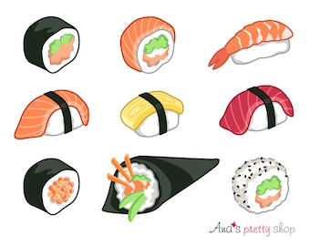 Clipart di sushi, sushi tradizionale, sushi maki, uramaki, temaki, nigiri, tamago, sushi al salmone, sushi al caviale, sushi di gamberetti