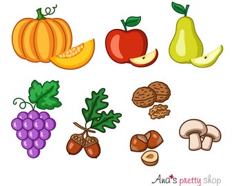 Clipart di frutti autunnali, clipart di zucca, clipart di mela, pera, uva, ghianda, noce, clipart di nocciole, funghi, illustrazione vettoriale autunnale