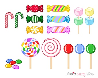 Clipart di caramelle, clipart dolci, clipart di lecca-lecca, clipart di marshmallow, clipart di bonbon, clipart di bastoncini di zucchero, illustrazione vettoriale di caramelle