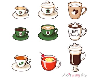 Clipart di bevande calde, clipart di tazze, espresso, caffè americano, cappuccino, latte, cioccolata calda, latte caldo, tè, caffè irlandese, cocktail di punch