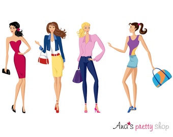 Moda donna clipart, ragazza di moda, vestito elegante, abbigliamento urbano, sportswear, vector clipart