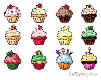 Clipart di cupcake, grafica vettoriale, muffin, tradizionale, cupcake di velluto rosso, cupcake alla zucca, cupcake al limone, menta, Natale, festa di compleanno