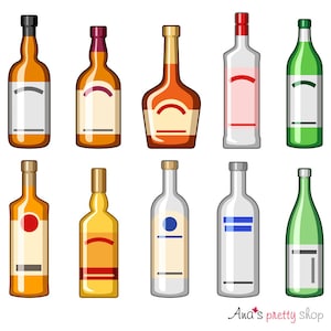 Clipart di bottiglie di alcolici, bevande, bottiglia di bourbon, brandy, scotch, bottiglia di gin, rum, tequila, vodka, sakè, ouzo, vermouth, illustrazioni vettoriali
