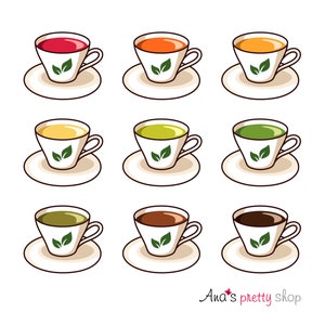 May include: Nine cartoon teacups with different colored liquids, each on a white saucer. The cups are white with a green leaf design. The liquids are various shades of red, orange, yellow, and green, with two cups of brown liquid.