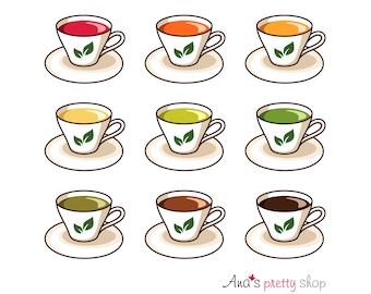 Tea clipart, vector graphic, hot drinks clipart, green tea, black tea, matcha, chamomile, ginger, peppermint, hibiscus, oolong, chai, herbal