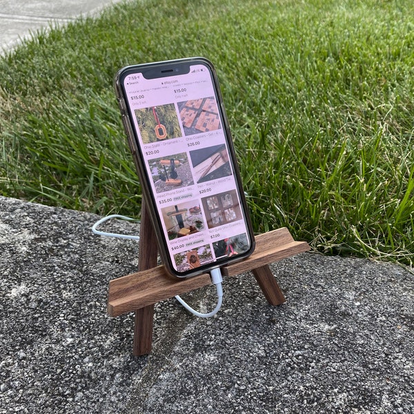 Phone Stand - Easel - Walnut - with Cord Access - Dock - iPhone - Android - Charging Access - Device - Video Chat - Zoom - iPad Stand