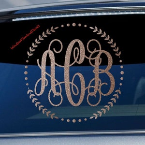 Glittery Custom Circle Monogram Car Window Decal Vine Personalized Initials Stickers