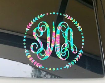 Tropical Dream Green Floral Custom Circle Monogram Car Window Decal - Green Pink Blue Vine Personalized Initials Stickers
