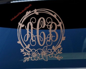 Glittery Custom Floral Vine Monogram Car Window Decal Vine Personalized Initials Stickers
