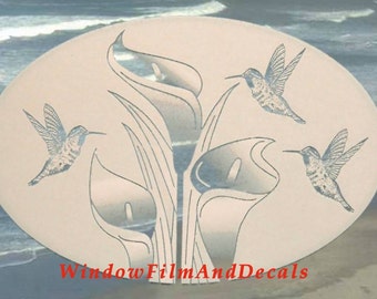 Lilies and Hummingbirds Oval Static Cling Window Decal 6" x 4" - White with Clear Design